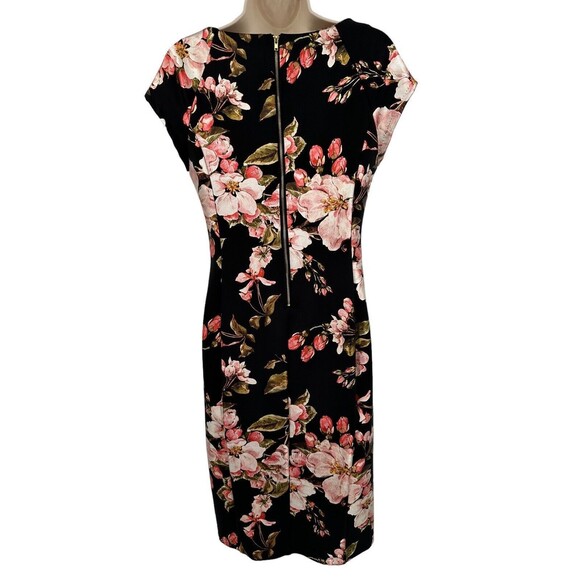 Beige Dress 4 Black Pink Floral Scuba Short Sleeve Sheath Side Slit Day to Night - Picture 5 of 9